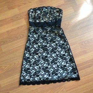 Strapless black lace overlay dress